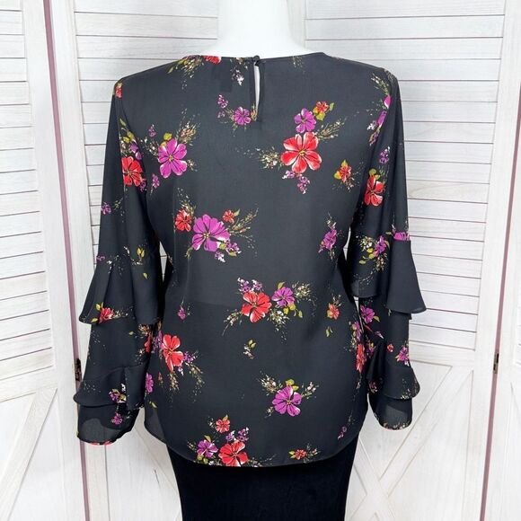 Worthington Floral Tiered Ruffle Bell Sleeve Blouse Black Pink Large - Picture 4 of 12